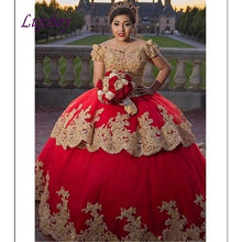 Load image into Gallery viewer, Red and Gold Quinceanera Dresses Ball Gown Mexican Tulle Plus Size Princess Masquerade Sweet 16 Prom Dress 15 year old

