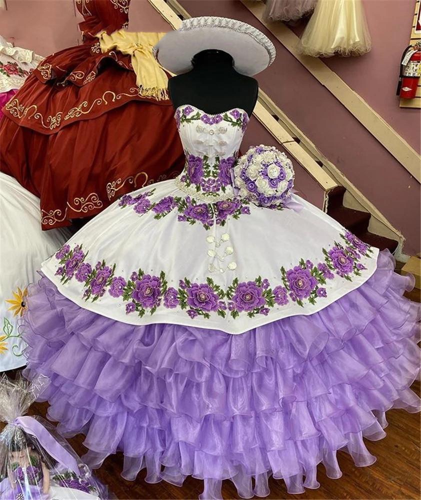 2022 Quinceanera Dresses Mexican Lavender Ball Gown Purple Appliques Emboridery Organza Sweet 16 Year Prom Dress Vestidos de 15