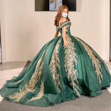 Load image into Gallery viewer, Dark Green Mexican Sweet 15 Quinceanera Dresses with Gold Applique Sequin Ball Gown Prom Dress Sweep Train vestidos de xv a&amp;ntilde;os
