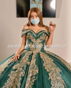Dark Green Mexican Sweet 15 Quinceanera Dresses with Gold Applique Sequin Ball Gown Prom Dress Sweep Train vestidos de xv a&amp;ntilde;os