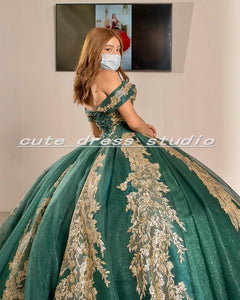 Dark Green Mexican Sweet 15 Quinceanera Dresses with Gold Applique Sequin Ball Gown Prom Dress Sweep Train vestidos de xv a&amp;ntilde;os