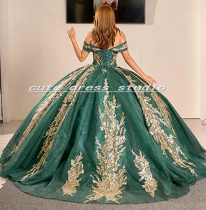 Dark Green Mexican Sweet 15 Quinceanera Dresses with Gold Applique Sequin Ball Gown Prom Dress Sweep Train vestidos de xv a&amp;ntilde;os