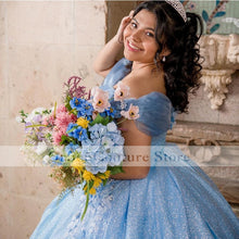 Load image into Gallery viewer, Cinderalla Sky Blue Quinceanera Dress 2022 Sequins Appliques Lace Ball Gown Prom Gowns Mexican Girl Birthday Party Gowns
