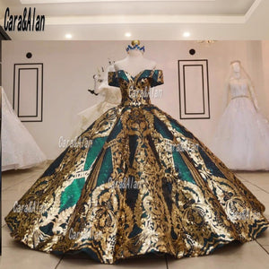 New Mexican Emerald Green Quinceanera Dresses Sequin Applique Off The Shoulder Puffy Sweet 16 Prom Gowns abiti da cerimonia