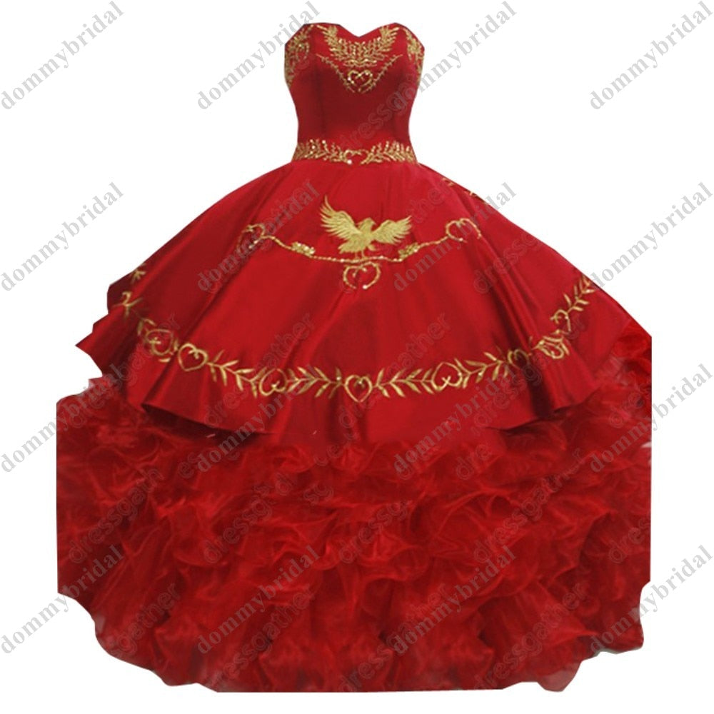 2022 Amazing Gold Bird Embroidery Burgundy Ball Gown Sweetheart Quinceanera Dresses cocktail Evening Prom Sweet 15 16 XV mexican