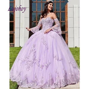Lilac Long Sleeve Quinceanera Dresses Ball Gown Corset Plus Size Lace Mexican 15 year old Sixteen Princess Sweet 16 Prom Dress
