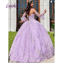 Load image into Gallery viewer, Lilac Long Sleeve Quinceanera Dresses Ball Gown Corset Plus Size Lace Mexican 15 year old Sixteen Princess Sweet 16 Prom Dress
