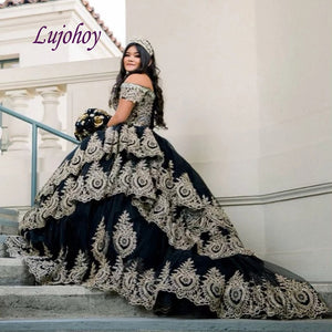 Black Quinceanera Dresses Ball Gown Mexican Tulle Princess Off Shoulder Masquerade Sweet 16 Prom Dress 15 year old