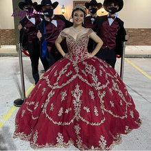 Load image into Gallery viewer, Luxury Red Gold Quinceanera Dresses Ball Gown Sequin Corset Plus Size Mexican 15 year old Sixteen Princess Sweet 16 Prom Dress
