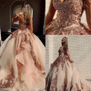 Rose Gold Pink Quinceanera Dresses 2021 Sequined Applique Beaded Sweetheart lace-up Pageant Dress Mexican Girls Birthday Gowns