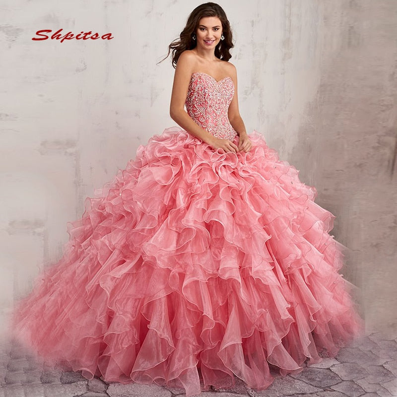 Luxury Puffy Quinceanera Dresses Ball Gown Crystal Plus Size Mexican Women Girl Sweet 16 Princess Long Prom Dresses for 15 Years