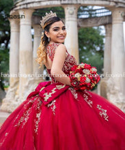 Load image into Gallery viewer, Red Mexican Ball Gown Quinceanera Dresses Appliques Lace Sweet 16 Formal Prom Big Bow Pageant Dress vestido de 15 anos
