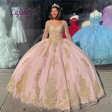 Load image into Gallery viewer, Pink Long Sleeve Lace Quinceanera Dresses Ball Gown Mexican Tulle Plus Size Princess Masquerade Sweet 16 Prom Dress 15 year old
