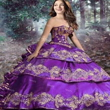 Load image into Gallery viewer, Mexican Style Purple Quinceanera Dresses 2021With Gold Appliques Vestido De 15 Anos Ruffles Tiered Corset Lace Up Robe De Soirée
