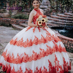 Red And White Lace Quinceanera Dresses Ball Gown Mexican Tulle Plus Size Princess Masquerade Sweet 16 Prom Dress 15 year old