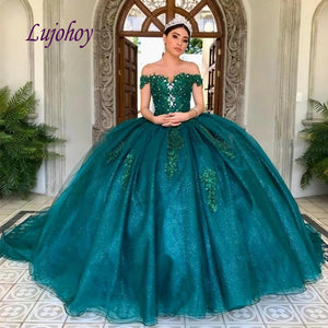 Green Quinceanera Dresses Ball Gown Mexican Off Shoulder Princess Masquerade Long Sleeve Sweet 16 Prom Dress 15 year old