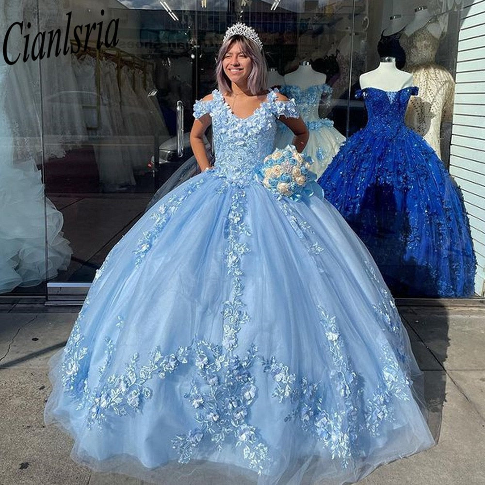 Mexican Sky Blue Quinceanera Dress with 3D Floral Applique Vestidos XV Años Sweet 16 Dress Bow robe de soirée 2022