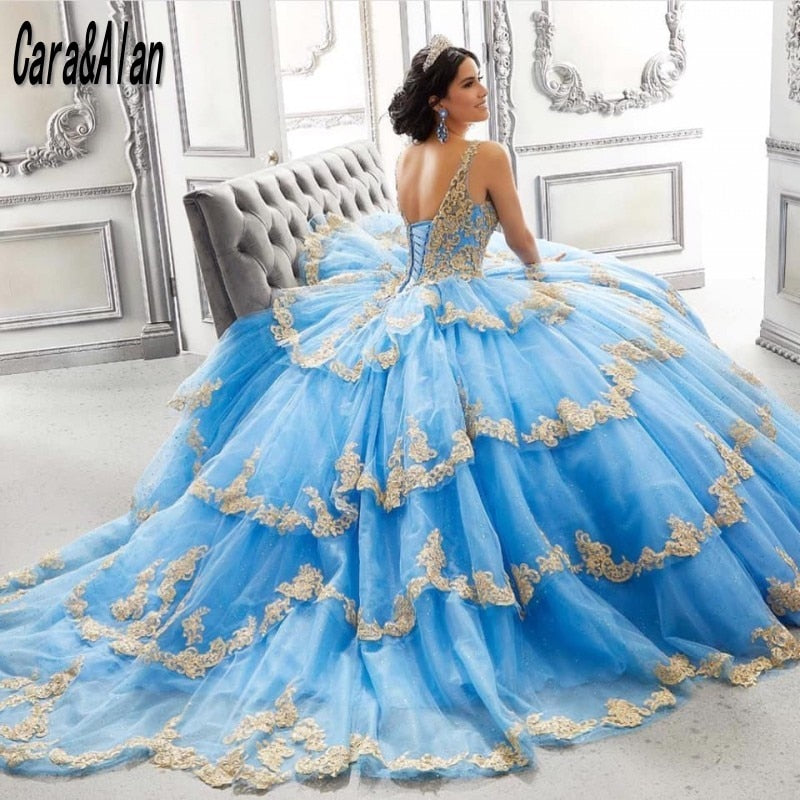 Elegant Sky Blue Vestido De15 Años Tiered Quinceanera Dresses Lace Applique Mexican Sweet 16 Birthday Prom Gowns