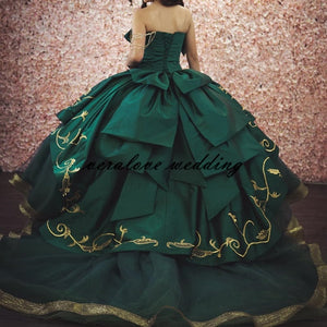 Green Mexican Quinceanera Dresses Gold Appliques Prom Gowns Beads Tulle Skirt Corset Back Pageant Party Dress