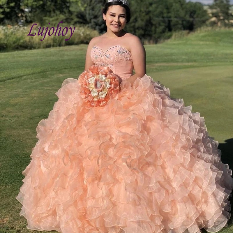 Luxury Quinceanera Dresses Ball Gown Mexican Crytals Ruffle Princess Masquerade Long Sweet 16 Prom Dress 15 year old
