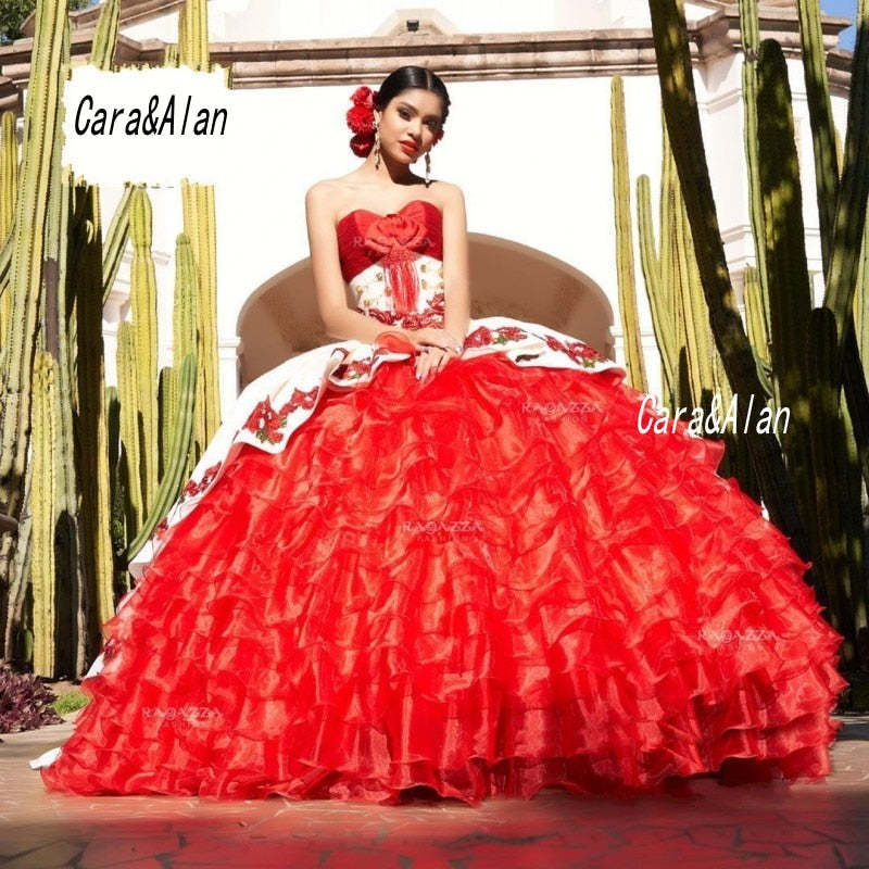 Mexican Quinceanera Dresses Applique Puffy Organza Skirt Sweet 16 Dress vestidos de 15 Spanish Style Ball Gown Prom Gowns