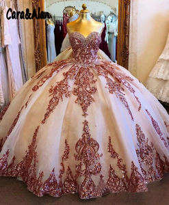 Champagne Organza Quinceanera Dresses Sequined Applique Beaded Sweetheart Pageant Dress Mexican Girls Birthday Gowns