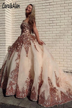 Load image into Gallery viewer, Champagne Organza Quinceanera Dresses Sequined Applique Beaded Sweetheart Pageant Dress Mexican Girls Birthday Gowns

