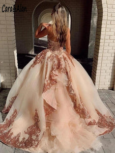 Champagne Organza Quinceanera Dresses Sequined Applique Beaded Sweetheart Pageant Dress Mexican Girls Birthday Gowns
