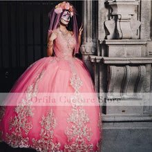 Load image into Gallery viewer, Mexican Burgundy Quinceanera Dress Applique Lace Vestidos XV Años Sweet 16 Dress Off the Shoulder robe de soirée
