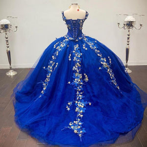 Royal Blue Ball Gown Quinceanera Dresses 3D FLowers Girl Sweet 16 Party Gowns Off the Shoulder vestidos de quinceañera