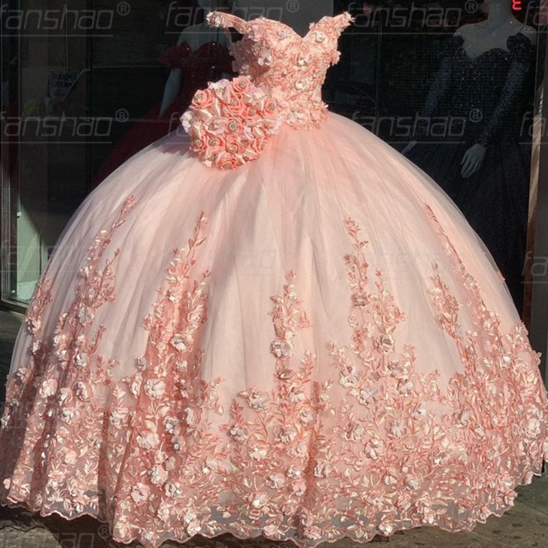 Fanshao Quinceanera Dress 3D Flowers Appliques Lace For 15 Girls Ball Formal Gowns Off The Shoulder Vestido Beauty