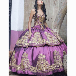 Traditional Purple Quinceanera Dress Ball Gown Gold Lace Beads Puffy Prom Dess Princesa Sweet 16 Dress Vestidos