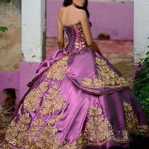 Traditional Purple Quinceanera Dress Ball Gown Gold Lace Beads Puffy Prom Dess Princesa Sweet 16 Dress Vestidos