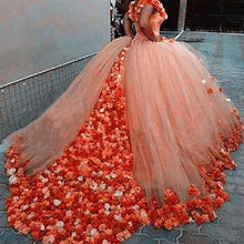 Load image into Gallery viewer, Off Shoulder Quinceanera Dresses Flowers Puffy Ball Gown Orange Tulle Court Train Sweet 16 Birthday Party Girls Bridal Gowns
