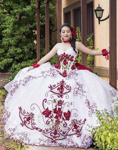 White Quinceanera Dresses with Red Applique Embriodery Sweetheart Tulle Ball Gown Sweet 16 Dress vestidos de 15 años 2020