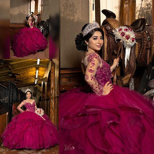 Fuchsia Lace Beaded Quinceanera Prom Dresses Sheer Neck Long Sleeves Ruffles Skirt Ball Gown Evening Party Gowns Sweet 16 Dress