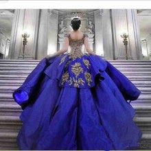 Load image into Gallery viewer, Luxury Detail Gold Embroidery Royal Blue Quinceanera Dresses Ball Gown Sweet 16 Dress Off Shoulder Masquerade Pageant Prom Gown
