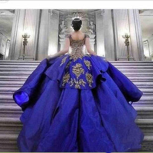 Luxury Detail Gold Embroidery Royal Blue Quinceanera Dresses Ball Gown Sweet 16 Dress Off Shoulder Masquerade Pageant Prom Gown