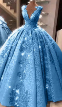 Load image into Gallery viewer, Blue Ball Gown Quinceanera Dresses V Neck Appliques Lace Prom Party Gowns for Girls 15 Years Crost Back
