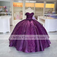 Load image into Gallery viewer, Purple Sequins Lace Ball Gown Quinceanera Dress 2021 Off Shoulder Vestidos 15 anos Corset Plus Size Sweet 16 Gowns
