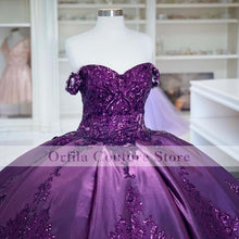 Load image into Gallery viewer, Purple Sequins Lace Ball Gown Quinceanera Dress 2021 Off Shoulder Vestidos 15 anos Corset Plus Size Sweet 16 Gowns
