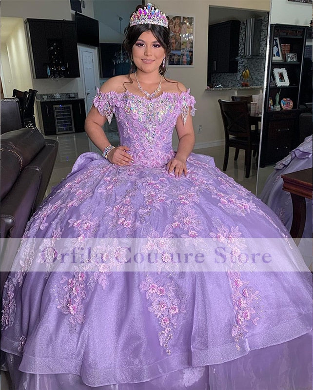 Lilac Quinceanera Dresses with Lace Applique Sweet 16 Dress Beaded Off Shoulder vestidos de 15 años 2021 Prom Gowns