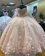 Load image into Gallery viewer, 2022 Pink Quinceanera Dresses Cinderella With Wraps Floral 3D Flowers Applique Pearls Lace Up Ball Gown Sweet 16 15 Dress
