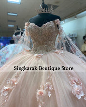 Load image into Gallery viewer, 2022 Pink Quinceanera Dresses Cinderella With Wraps Floral 3D Flowers Applique Pearls Lace Up Ball Gown Sweet 16 15 Dress
