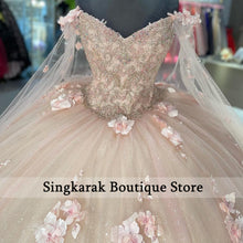 Load image into Gallery viewer, 2022 Pink Quinceanera Dresses Cinderella With Wraps Floral 3D Flowers Applique Pearls Lace Up Ball Gown Sweet 16 15 Dress
