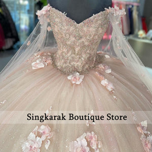 2022 Pink Quinceanera Dresses Cinderella With Wraps Floral 3D Flowers Applique Pearls Lace Up Ball Gown Sweet 16 15 Dress