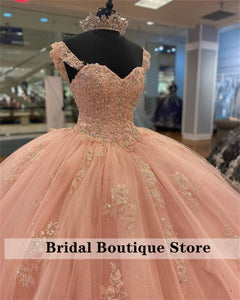 Glitter Crystal  Ball Gown Quinceanera Dresses Cap Sleeve Sweetheart Appliques Vestidos XV Años Sweet 16 Dress Graduation