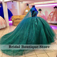 Load image into Gallery viewer, Emerald Green Quinceanera Dresses with Detachable Cape Appliques Beaded Sweet 15 16 Dress vestidos de xv años
