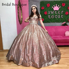 Load image into Gallery viewer, Modern Rose Gold Reflective Quinceanera Dresses Sequins Off Shoulder Lace-up Prom Gowns Sparkly Formal Party Dress
