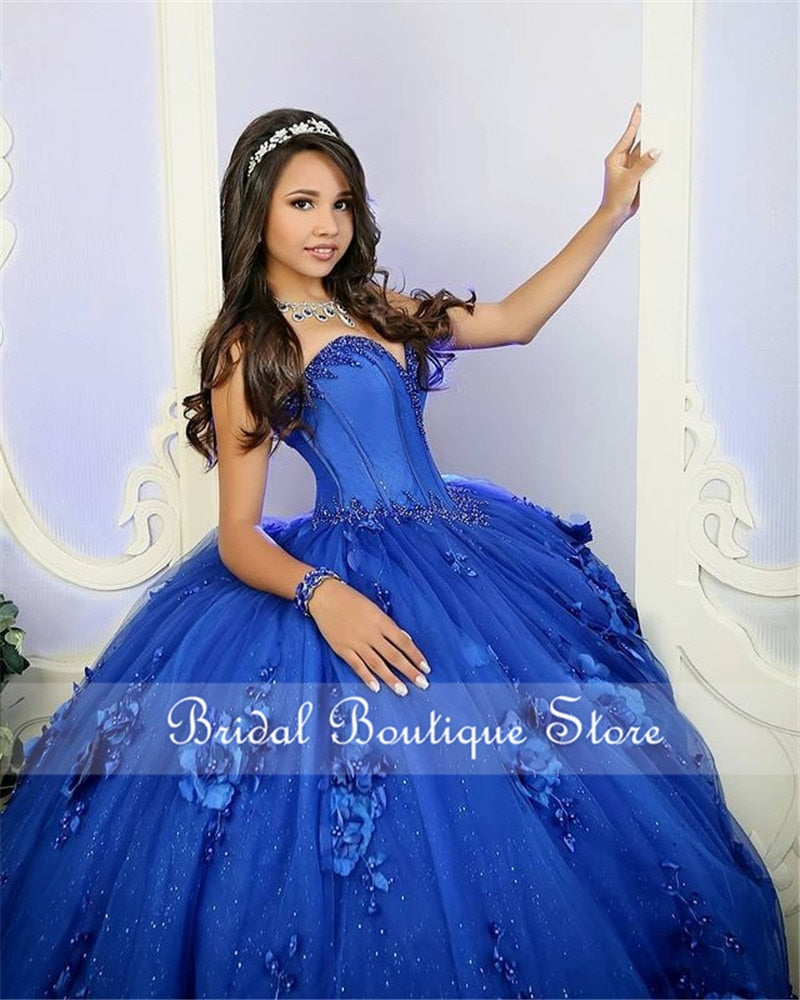 Vestidos de XV años Royal Blue Quinceanera Dresses with 3D Flowers Applique Corset Top Beaded Ball Gown Sweet 16 Dress Plus Size